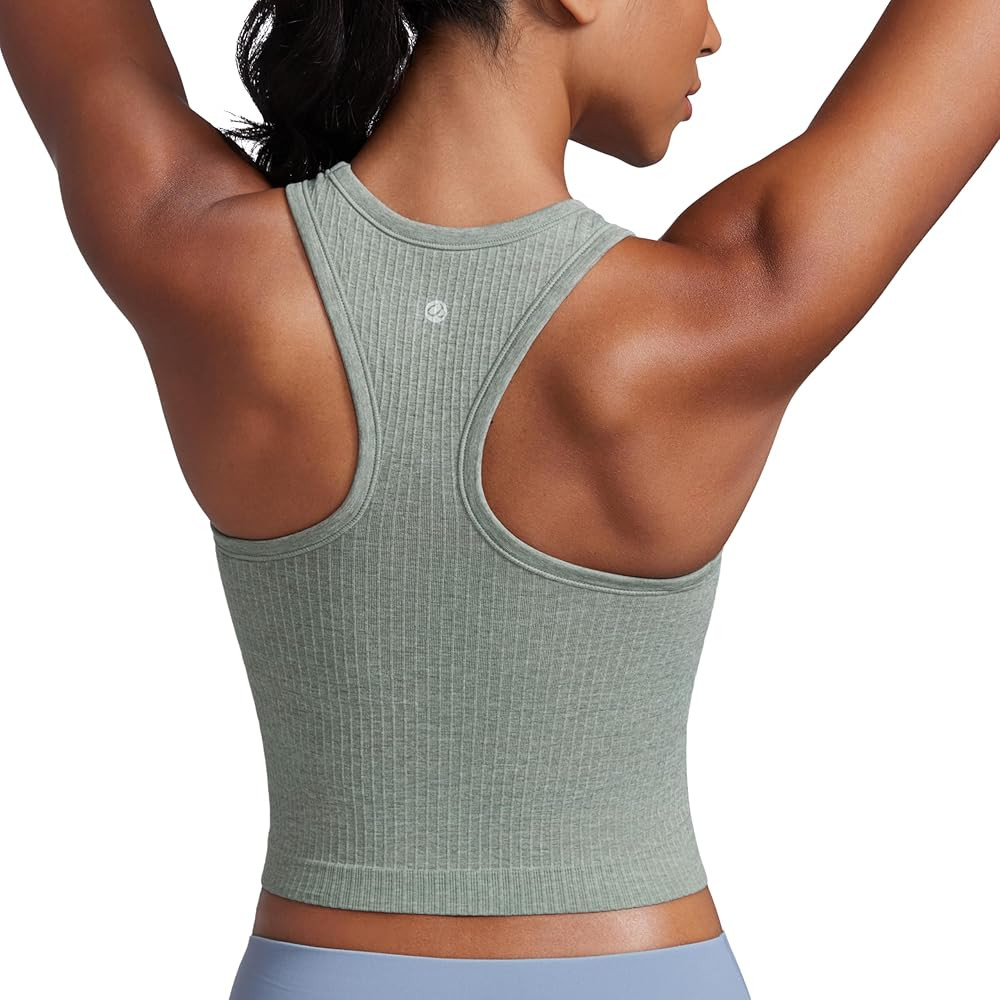 CRZ YOGA Womens Seamless Ribbed Longline High Neck Sports Bra - Racerback Padded Slim Fit Crop Ta... | Amazon (US)