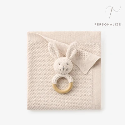 Taupe Textured Knit Blanket + Bunny Ring Rattle Gift Set | Elegant Baby
