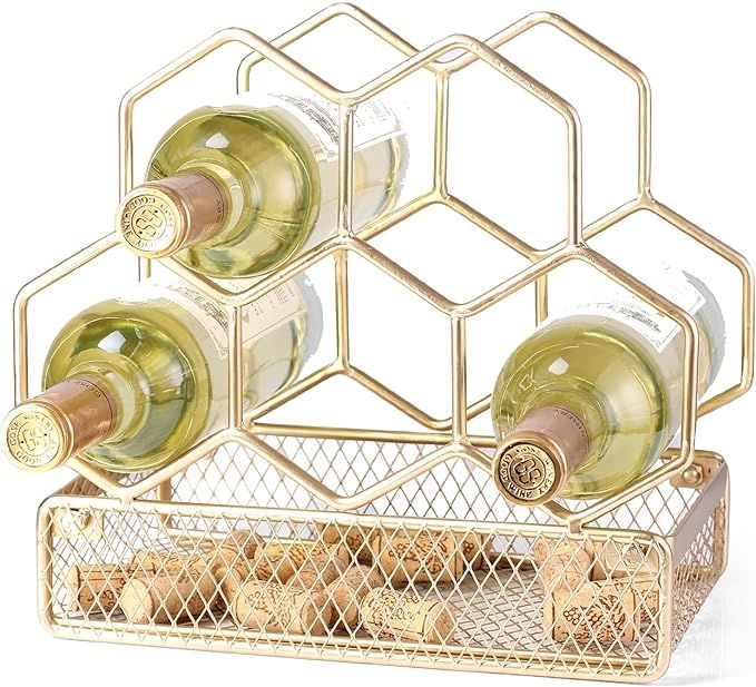 Countertop Wine Rack - 6 Bottle with Cork Storage Freestanding Modern Gold Metal Wine Rack - Tabl... | Amazon (US)