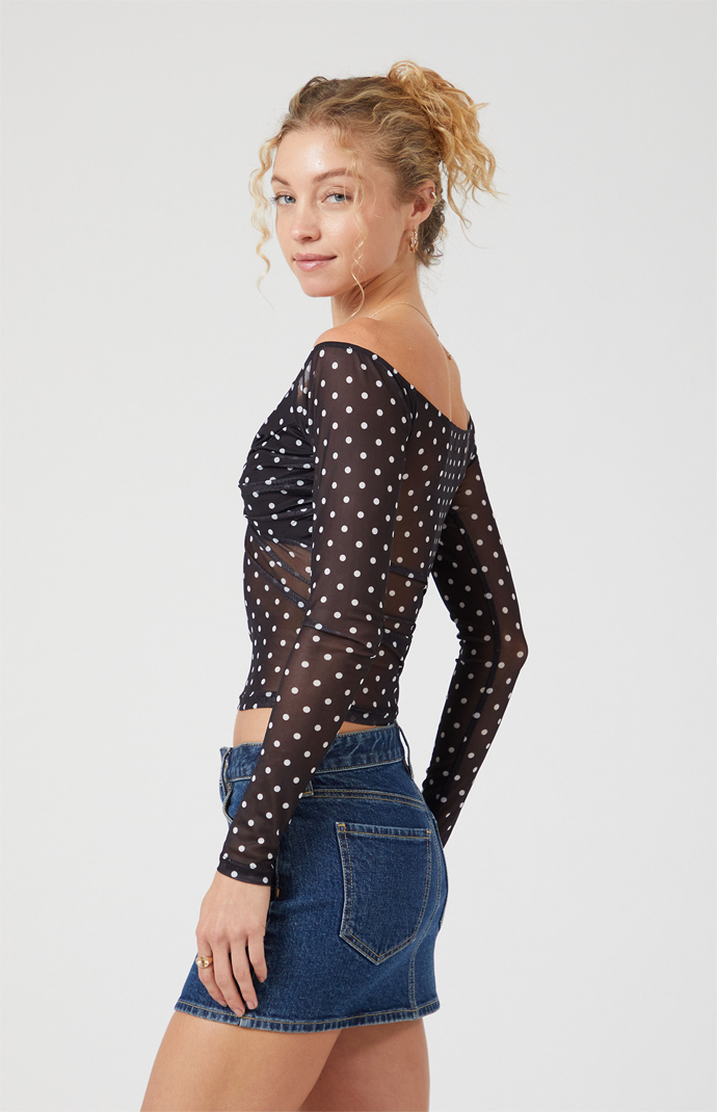 Beverly and Beck Lola Polka Dot Long Sleeve Off-The-Shoulder Top | PacSun