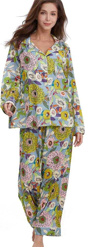 YiNi LuLu Womens Silk Satin Pajamas Set Button Down 2 Piece Pjs Long Sleeve Oversized Sleepwear w... | Amazon (US)