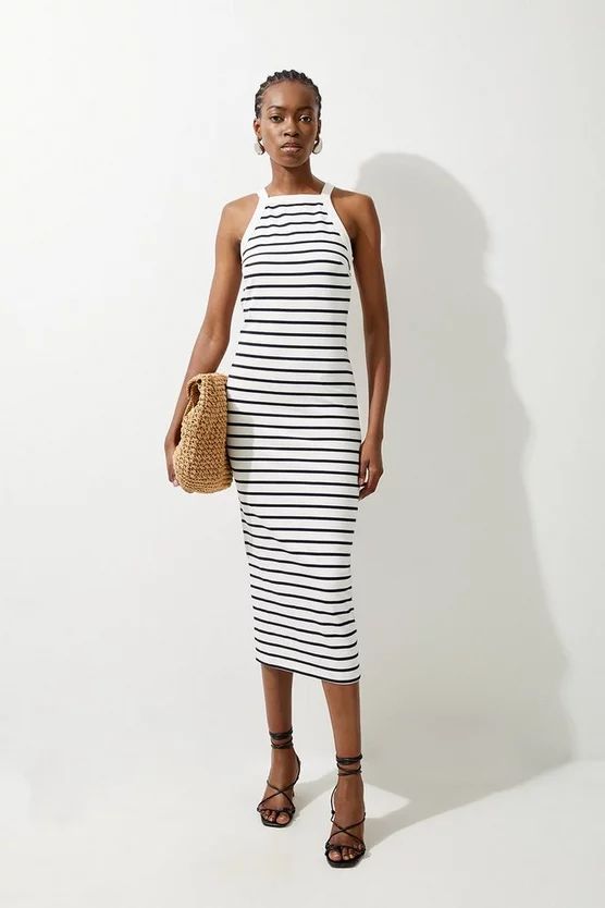 Stripe Stretch Cotton Jersey Halter Midi Dress | Karen Millen US