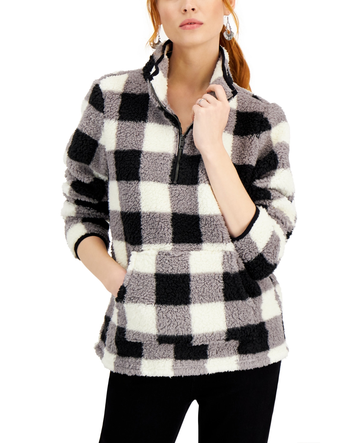 Style & Co Gingham Half-Zip Sherpa Top, Created for Macy's | Macys (US)