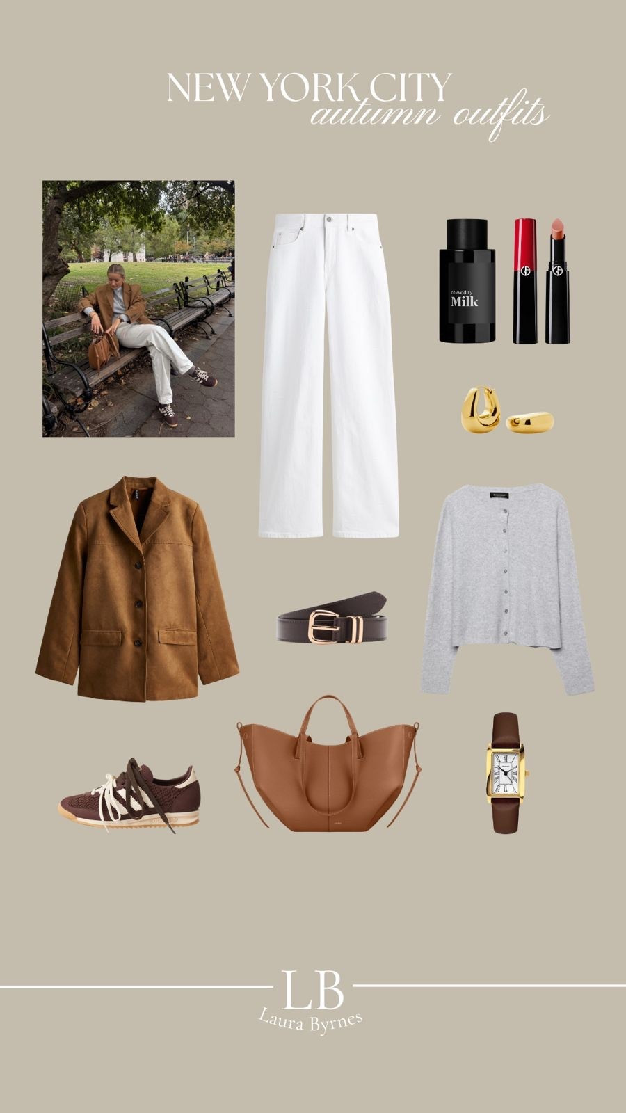 Autumn New York City outfit inspiration - H&M tan brown faux suede blazer, grey Stradivarius cardigan, Aligne white straight leg jeans, adidas brown trainers & polene Paris cyme mini handbag  

#LTKautumn #LTKuk #LTKstyletip