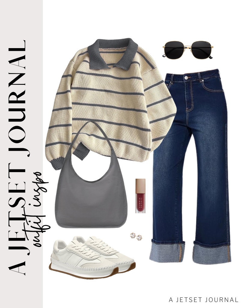The khaki and gray color of this collared striped sweatshirt perfectly matches the cuffed boyfriend jeans. Adding a gray hobo purse and white Vilanva sneakers to the look is a 10/10. 

 #LTKSeasonal #LTKSaleAlert #LTKTravel