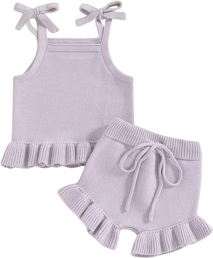 Infant Baby Girls Knit Shorts Sets 2Pcs Summer Outfits Solid Strape Shoulder Sleeveless Tank Tops... | Amazon (US)