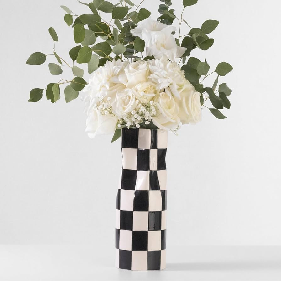 Large Checkered Vase, Modern Home Decor, Decorative Ceramic Flower Vase, Aesthetic Black & White ... | Amazon (US)