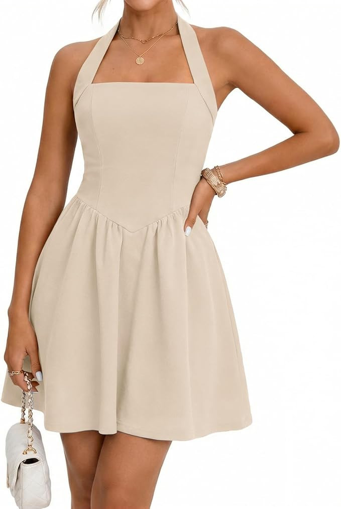 MEROKEETY Women's Summer Halter Neck Mini Dress 2026 Cute Ruched Waist A-line Flowy Graduation Co... | Amazon (US)