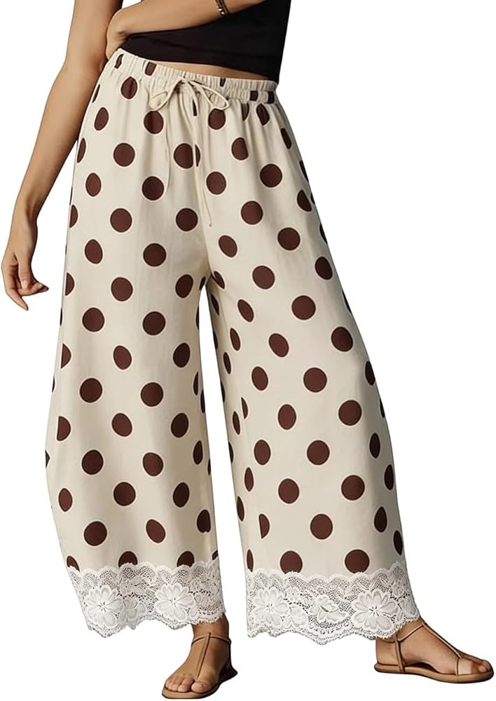 Women Polka Dot Wide Leg Pants Lace Trim Coquette Palazzo Pants Bottom | Amazon (US)