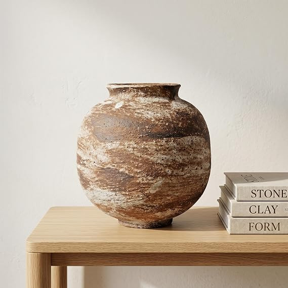Large Round Ceramic Vase, Rustic Farmhouse Flower Vase - Handmade Clay Pottery Vase for Home Deco... | Amazon (US)
