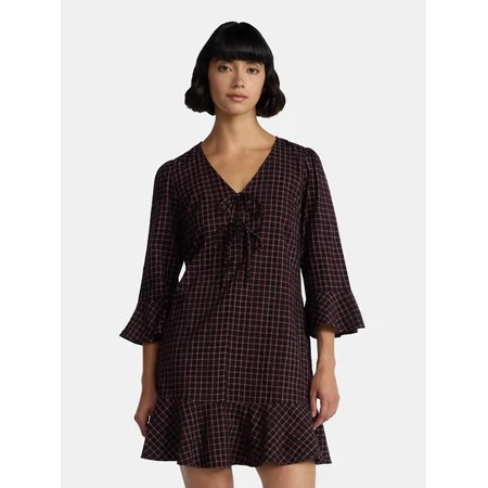 Time and Tru Women's Plaid Tie Front Mini Dress, Sizes XS-XXXL | Walmart (US)