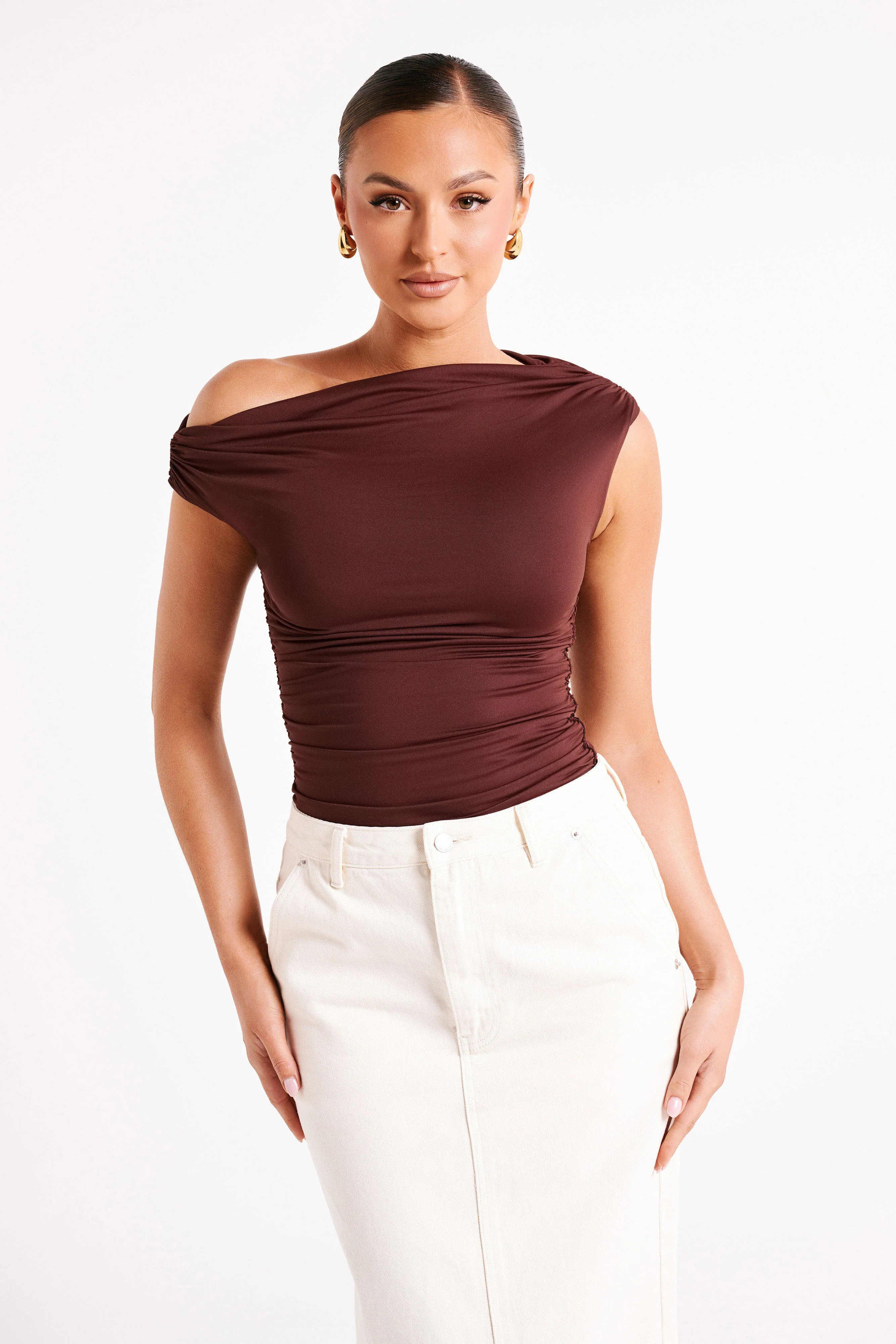 Alayna Recycled Nylon Ruched Top - Chocolate | MESHKI US