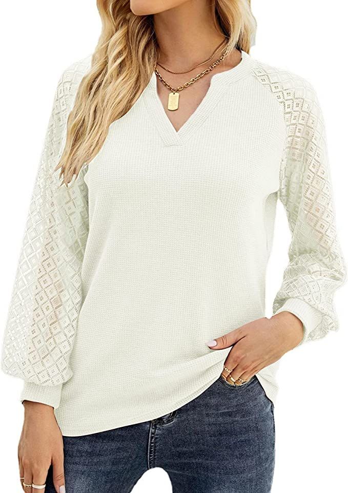 Women's Long Sleeve Tops Lace Sleeve Loose Casual Spring V Neck Waffle Knit Tunic Blouse Henley S... | Amazon (US)