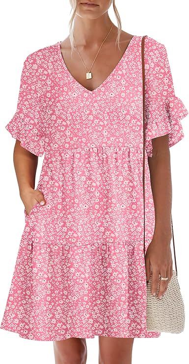 Caracilia Dresses for Women Summer Casual 2026 Ruffle Short Sleeve A Line Tiered Flowy Cute V Nec... | Amazon (US)