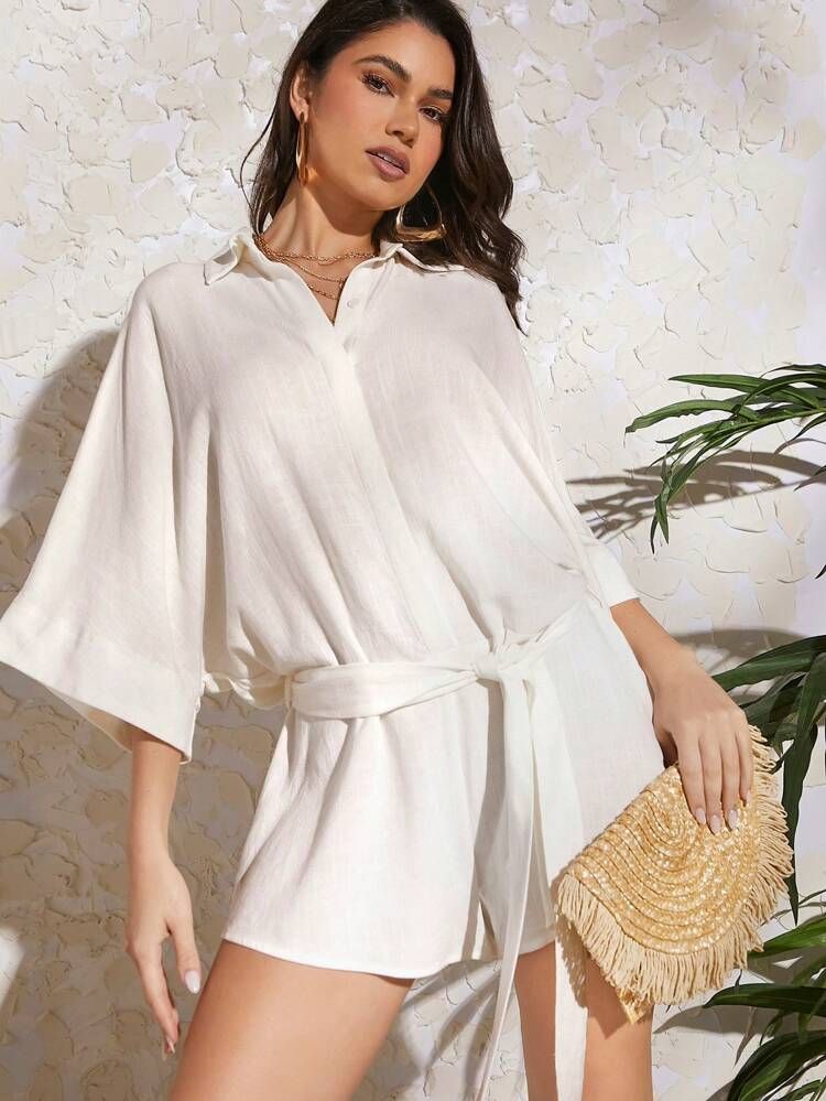 SHEIN VCAY Solid Batwing Sleeve Belted Shirt Romper
       
              
              $21.99  ... | SHEIN