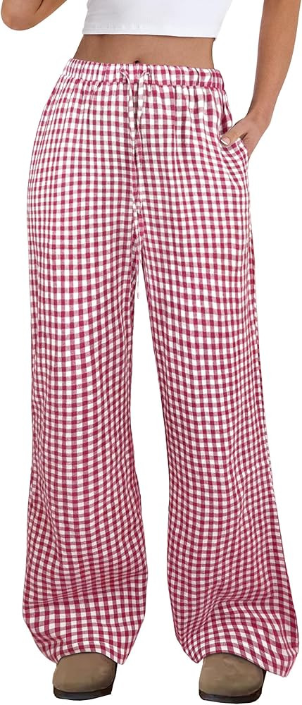 ANRABESS Women's Striped Gingham Pants 2026 Spring Pajama Lounge Boxer Pants Casual Wide Leg Draw... | Amazon (US)