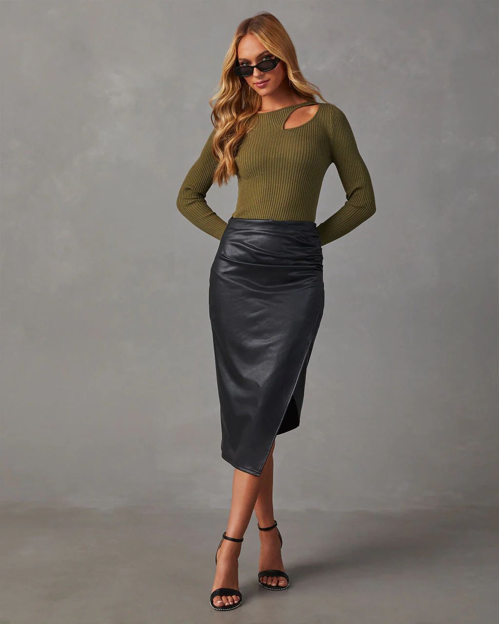 Roxi Faux Leather Ruched Midi Skirt | VICI Collection