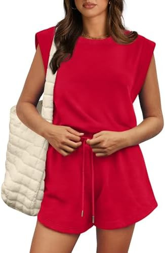 OFEEFAN Rompers for Women Summer Cap Sleeve Adjustable Drawstring Waistband Crewneck Casual Outfi... | Amazon (US)
