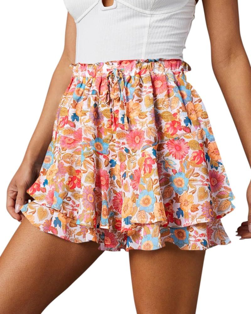 siliteelon Flowy Shorts for Women Casual Boho Floral Skorts Ruffle Mini Skirts Running Tennis But... | Amazon (US)