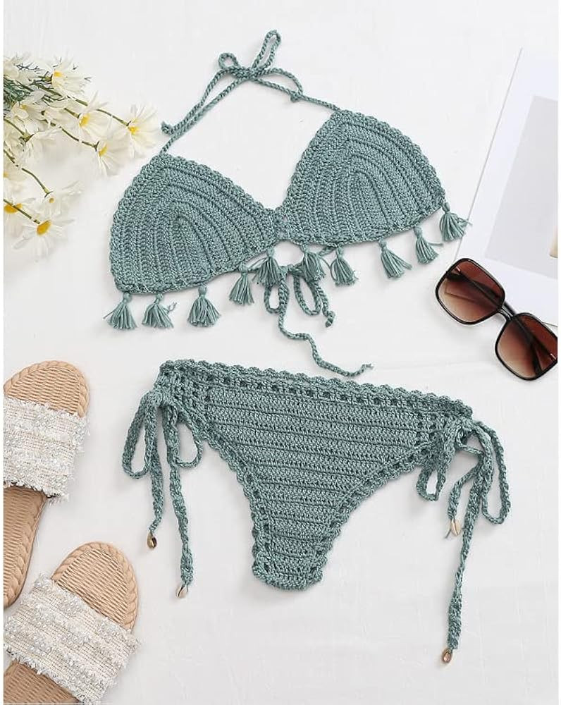 Hand Crochet Women Swimwear Sexy Bikini,Set Beach Swimsuit Suit Tassel Bikinis for Women.(CU4) | Amazon (US)