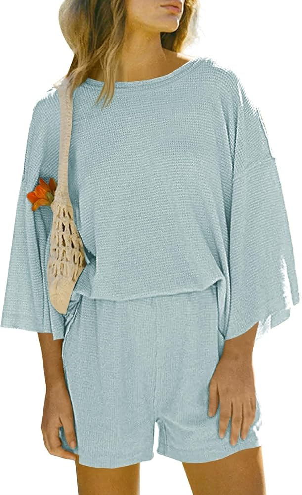 Tankaneo Womens Short Sets 2 Piece Outfits 3/4 Sleeve Tops and Elastic Waist Shorts Lounge Set Ca... | Amazon (US)