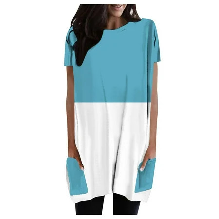 Tshirts For Women Round Neck Short Sleeve Color Block Print Loose Casual Pockets Casual Ladies Tops Clothing T-Shirts Daily-Wear | Walmart (US)