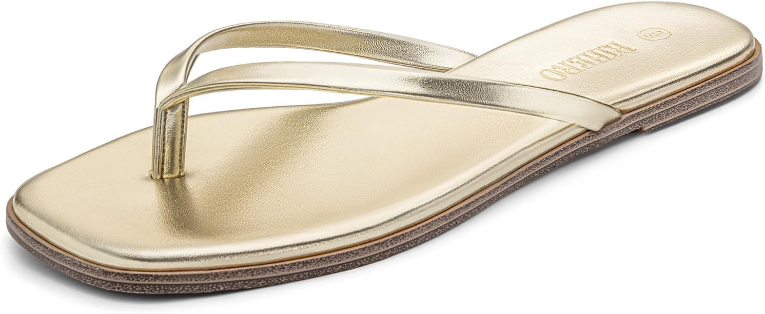 Rihero Flip Flops for Women Comfortable Square Toe Beach Sandals Slip On Leather Thong Flat Sanda... | Amazon (US)