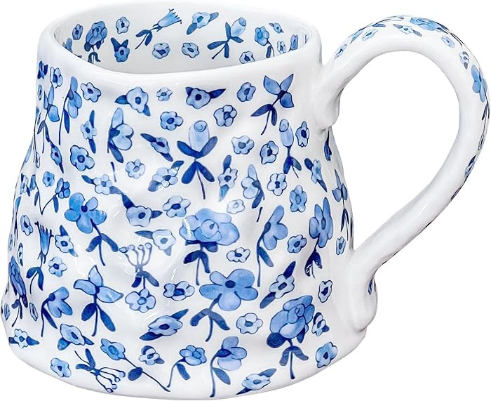 Large Ceramic Coffee Mug Cute Flower with Handmade Big Handle, 20oz Girly Blue Floral Tea Cup for... | Amazon (US)