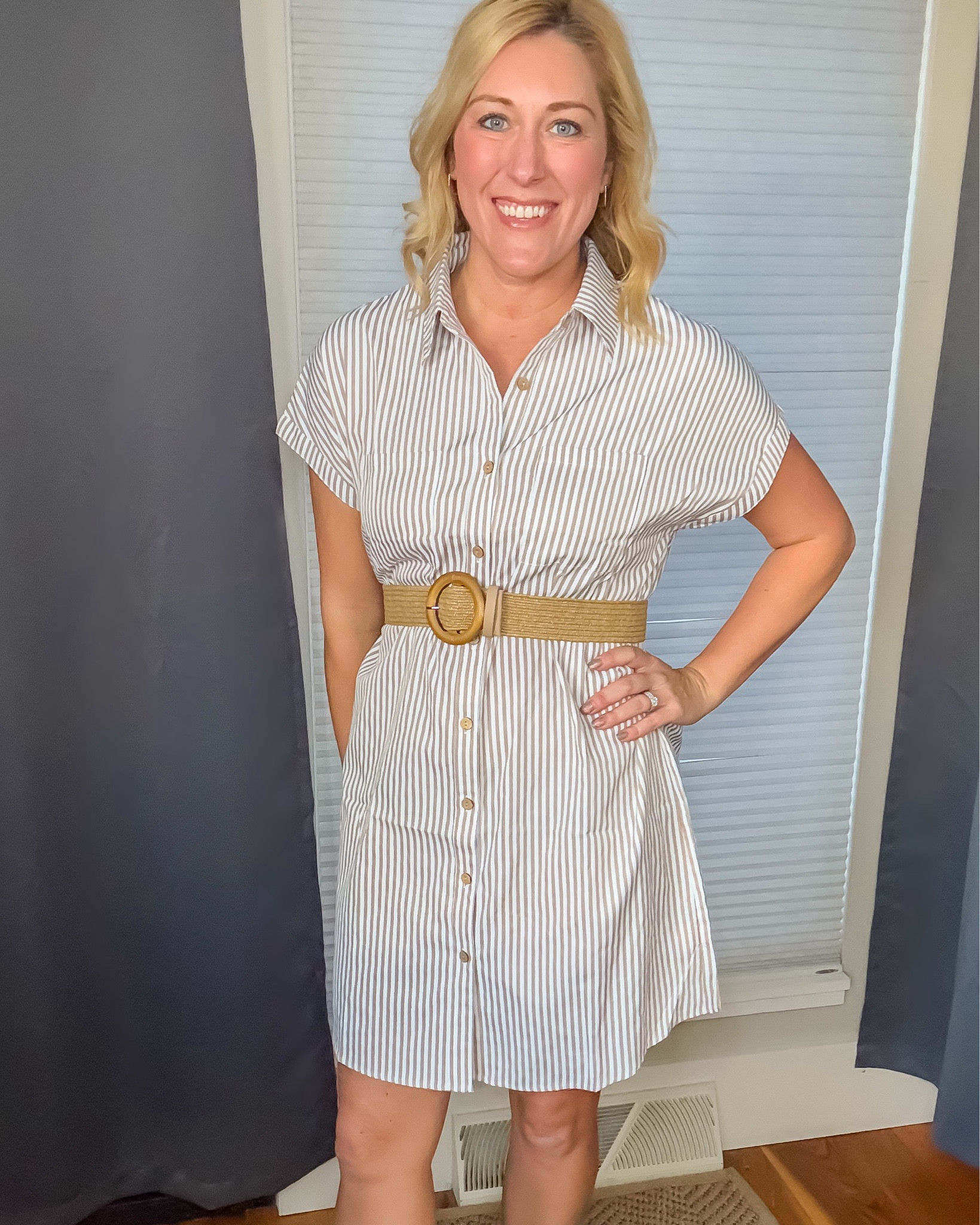 I love the look and fit of this striped linen shirt dress! The belt adds some shape and a whole different look. Perfect with some ankle booties! 