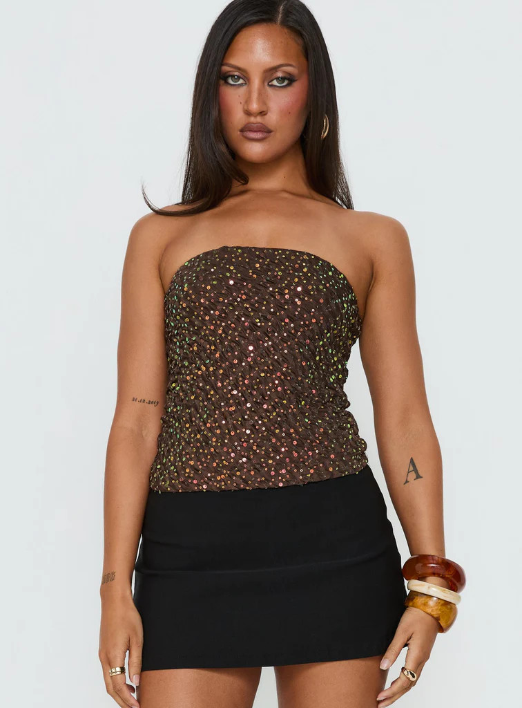 Zohara Sequin Strapless Top Brown | Princess Polly US
