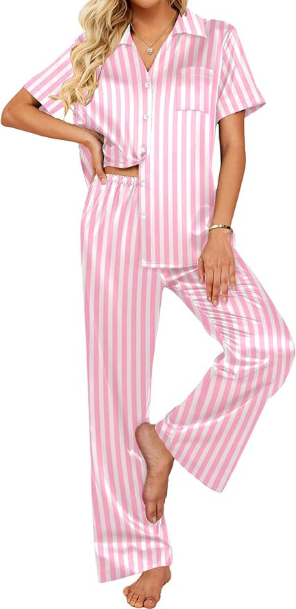 Ekouaer Silk Pajamas for Womens Set 2 Piece Satin Pjs Soft Button Down Sleepwear Wide Leg Long Pa... | Amazon (US)