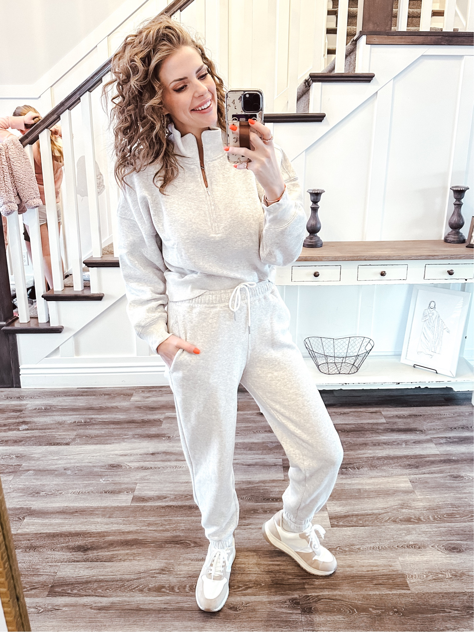Literally the best sweat suit of the season! It’s sold out once and it’s back! Hurry fast! My mood instantly got better when I put this on! 🤣 
Wearing a small in top and bottom 
Runs true to size  