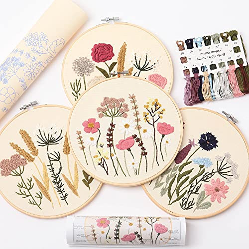 REEWISLY Embroidery Kit for Beginners 4 Sets, Hand DIY Cross Stitch Kits,4 pcs Embroidery Hoop,4 pcs Plants Flowers Embroidery Patterns and Threads,Easy for The Embroidery Beginners to Learn… | Amazon (US)