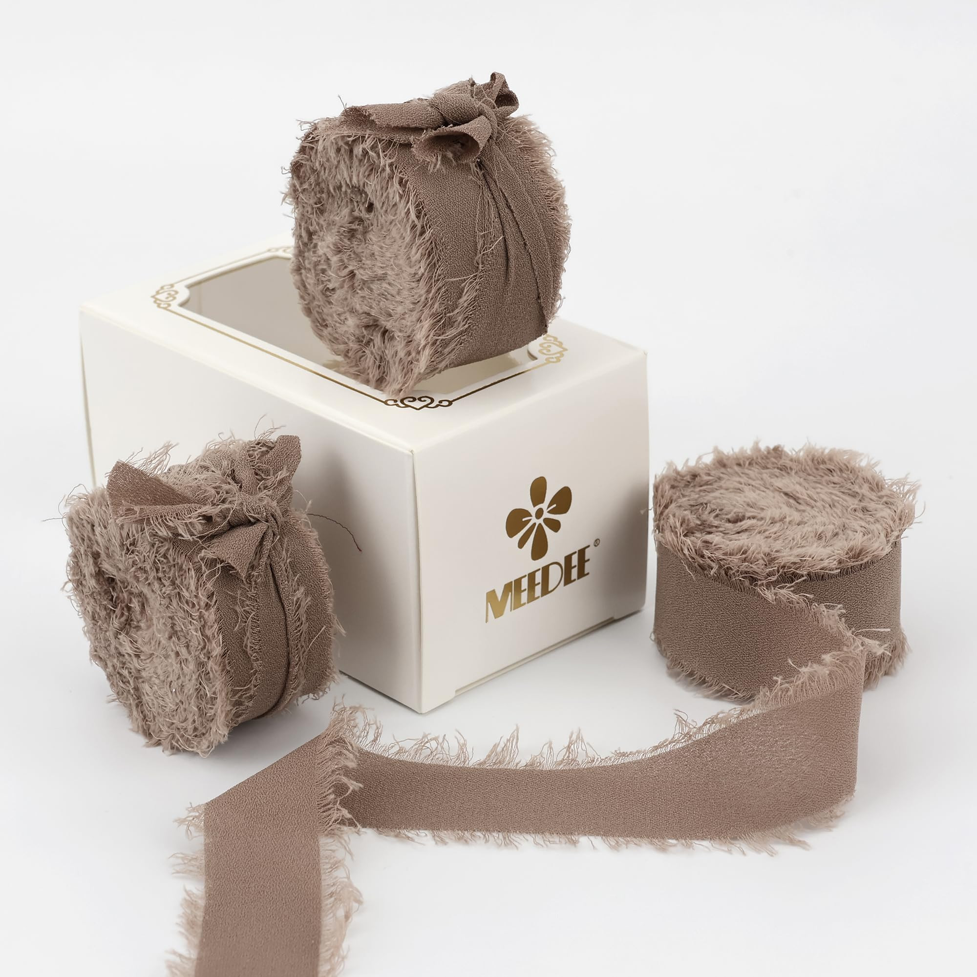 MEEDEE Taupe Chiffon Ribbon - 1 Inch Brown Frayed, Silk Fringe for Crafts, Gift Wrapping, Wedding... | Amazon (US)