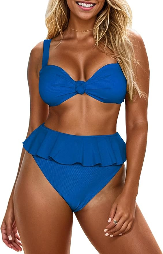 Saodimallsu Womens 2 Piece High Waisted Swimsuit Ruffle Bikini Sets Twist Knot Ribbed Bathing Sui... | Amazon (US)