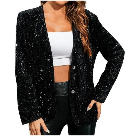 Women s Sequin Jackets Party Evening Sparkle Open Front Cropped Bomber Jacket Casual Single Breasted | Walmart (US)