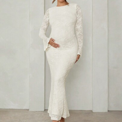 Elegant Maternity Floral Jacquard Round Neck Flare Sleeve Fish Tail Hem Dress | SHEIN