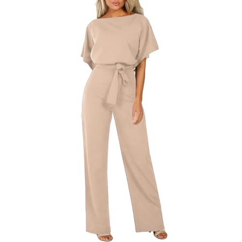 ZWRXW Elegant Jumpsuits for Women Wedding Guest Outfit Belted Wide Leg Long Pant Romper Casual Short Sleeve Loose Jumpsuit | Amazon (US)