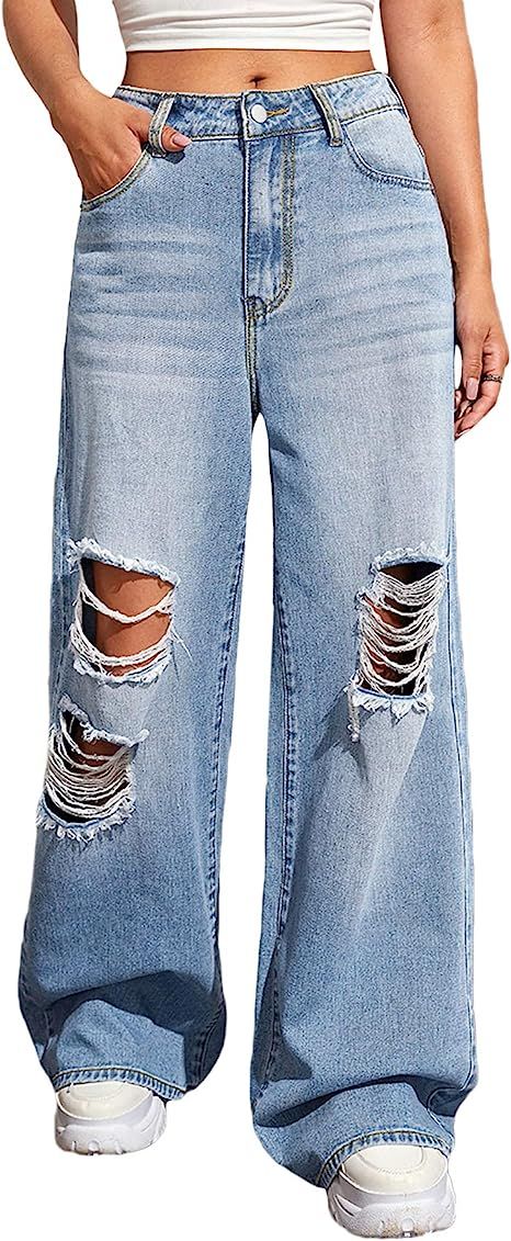 SweatyRocks Women's Casual Loose Ripped Denim Pants Distressed Wide Leg Jeans | Amazon (US)