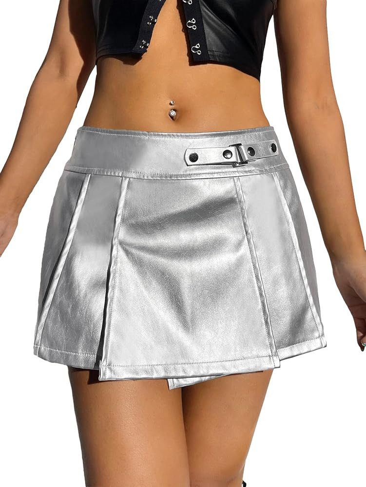 Floerns Women's Low Rise Buckle Detail Zipper Pu Leather Pleated Mini Skirt | Amazon (US)