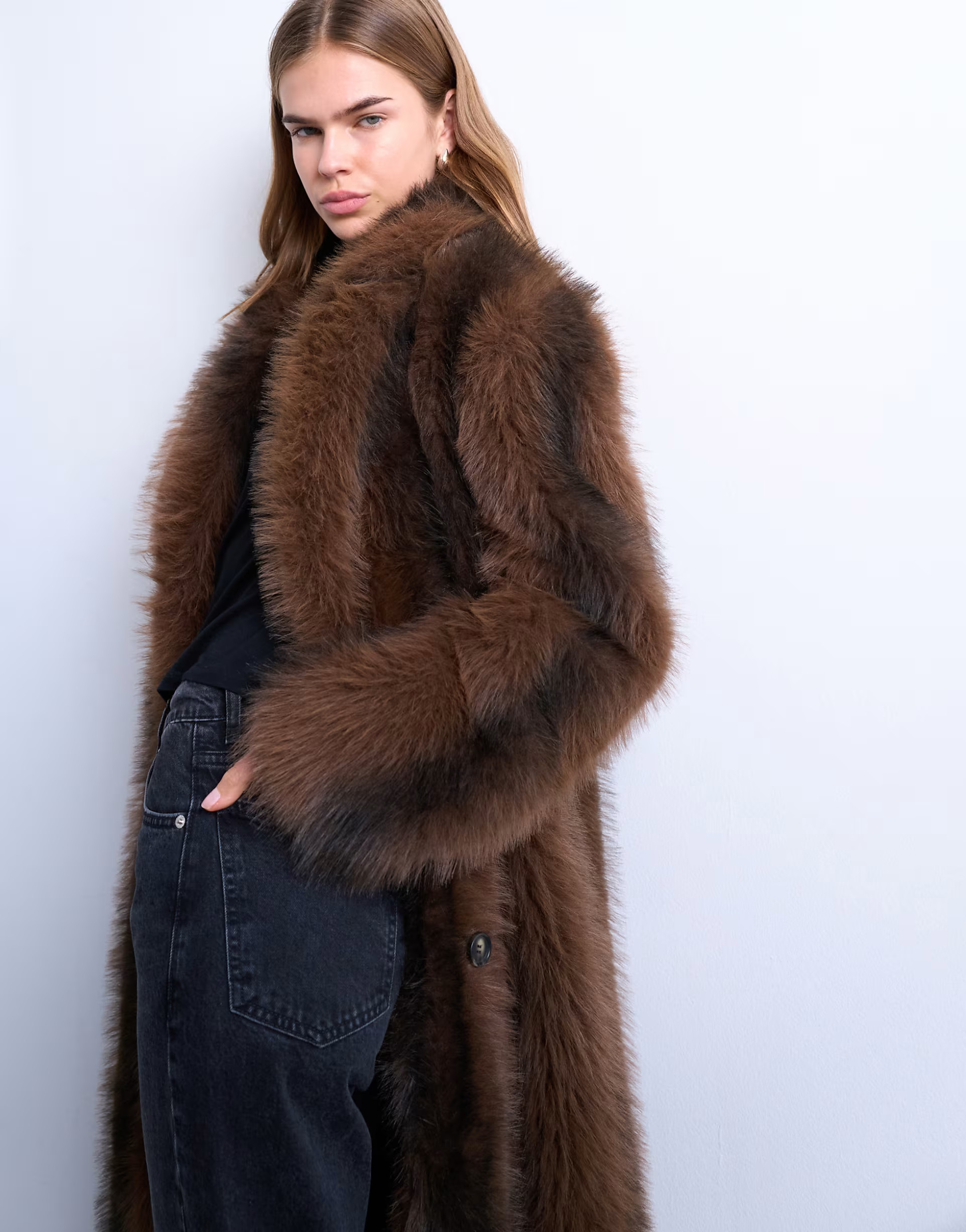Topshop faux fur longline striped coat in brown | ASOS (Global)