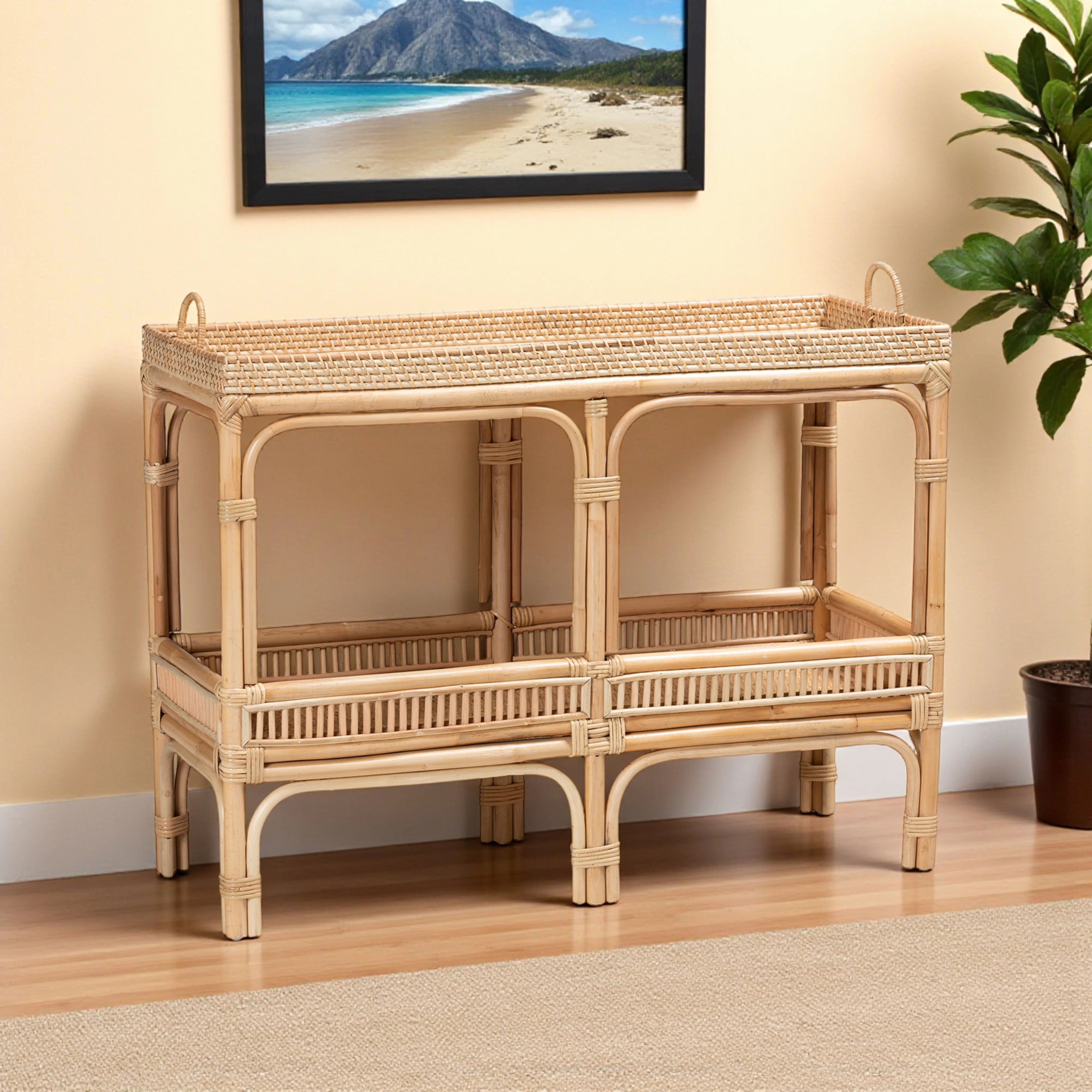 Quimby Rattan Console Table in Brown in Modern Bohemian Style, 29.79" H X 39.06" W X 14.5" D | Wayfair North America