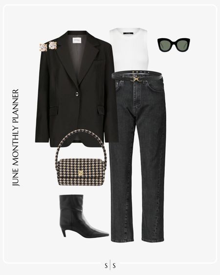 Monthly outfit planner JUNE: Spring & Summer looks | black straight jean, ankle boot, tank top, black oversized blazer, handbag 

Date night, girls night, happy hour outfit 

See the entire calendar on thesarahstories.com ✨ 


#LTKStyleTip