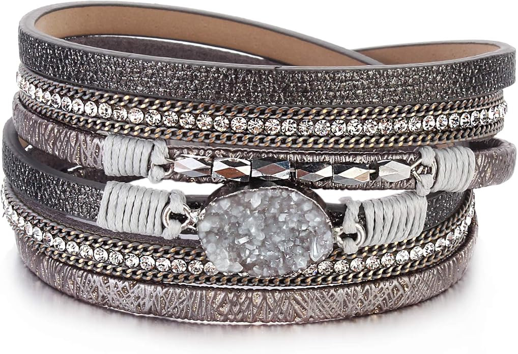 FANCY SHINY Leather Wrap Bracelet Boho Cuff Bracelets Crystal Bead Bracelet with Magnetic Clasp J... | Amazon (US)