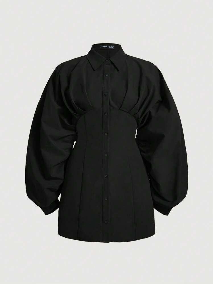 SHEIN MOD Plus Size Design Puff Sleeve Shirt Dress, School Style Layered Dress, Autumn/Winter | SHEIN