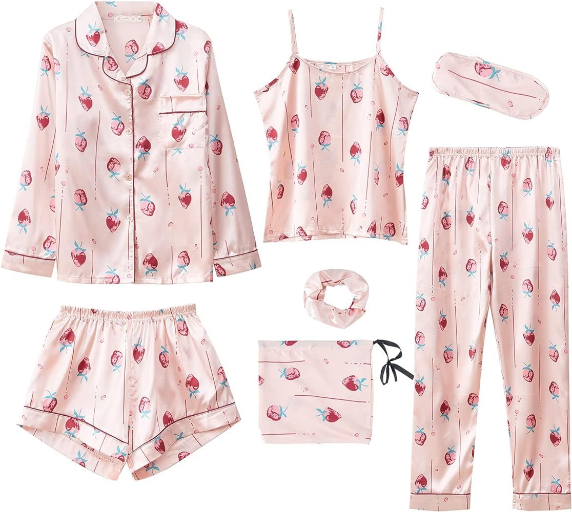 ANUFER Womens 7PCS Satin Pajama Set Spring Summer Autumn Tops & Pants Shorts Sleepwear | Amazon (US)