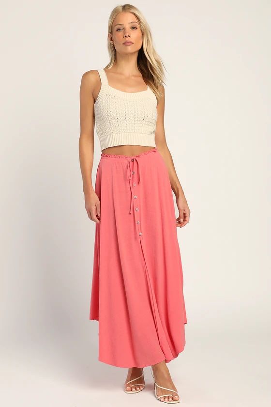 Best Beginnings Coral Pink Button-Front Midi Skirt | Lulus (US)