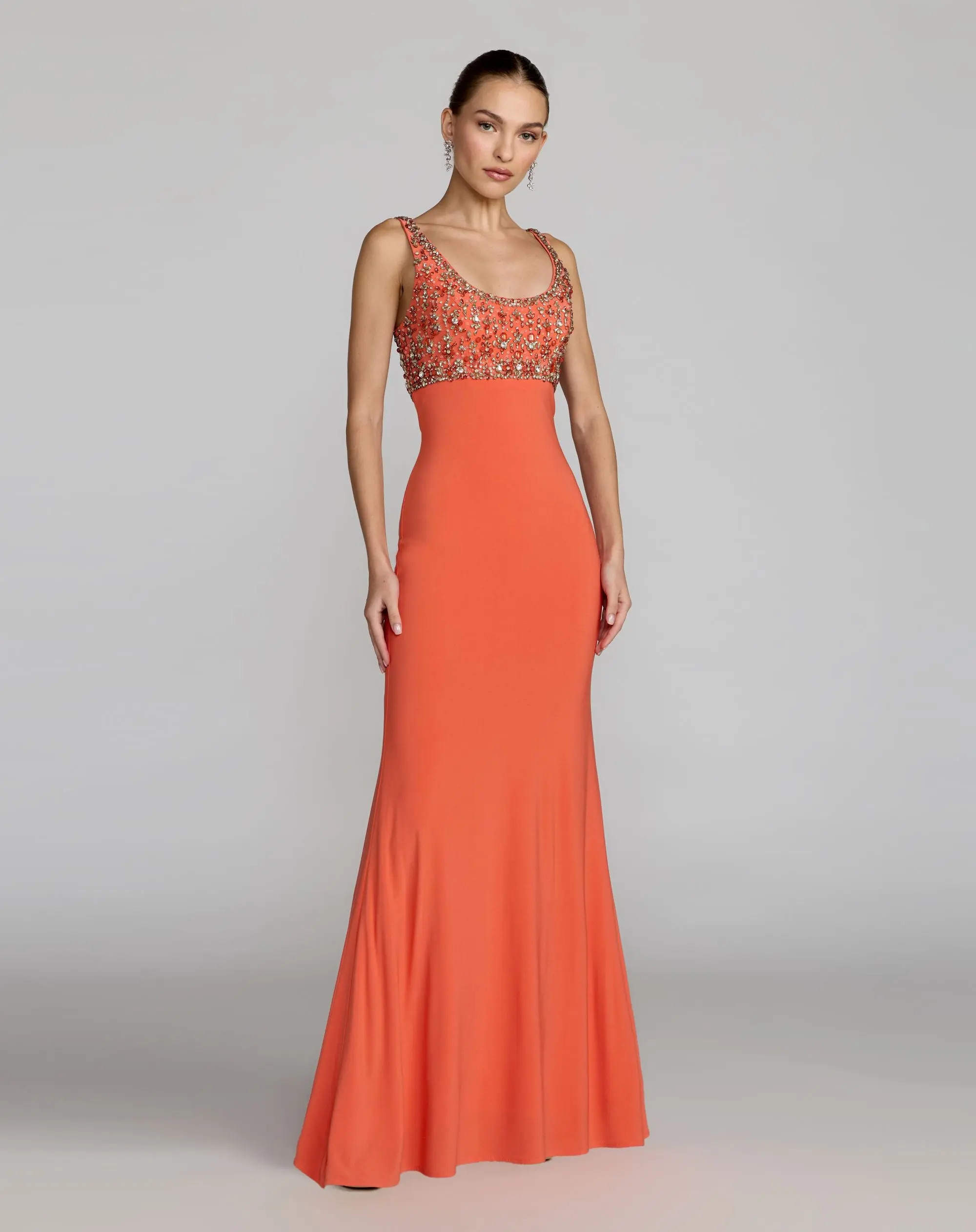 Orange Sleeveless Scoop Neck Embellished Jersey Gown | Mac Duggal | Mac Duggal