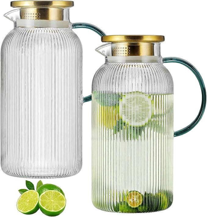 2 PACK Glass Pitcher with Lid,68 oz/ 2 Liter Vertical Stripes Water Pitcher With Green Handle,Gla... | Amazon (US)