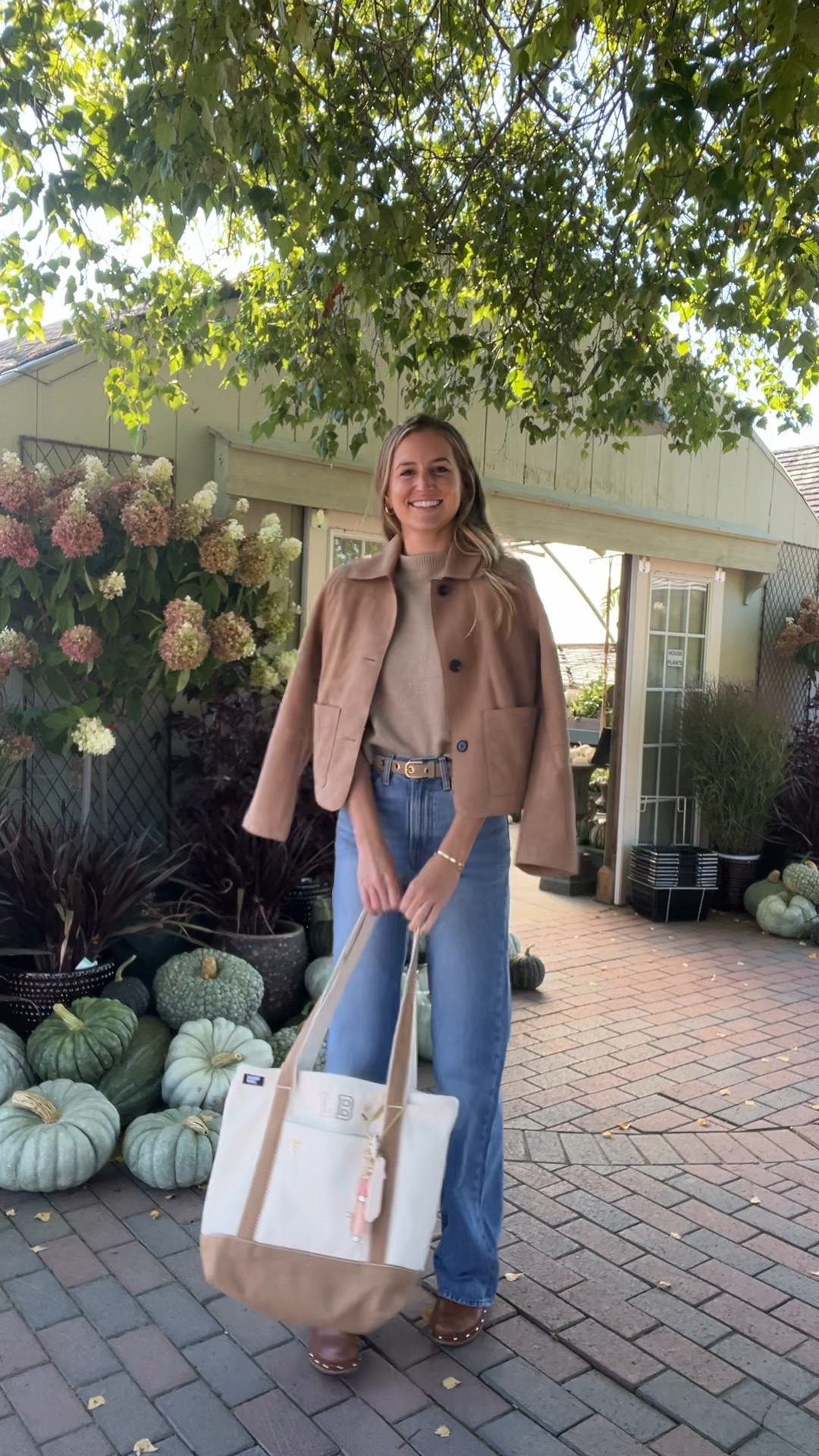 Easy fall outfit: sweater tee, Levi’s viral ribcage wide leg denim, tote and suede coat 